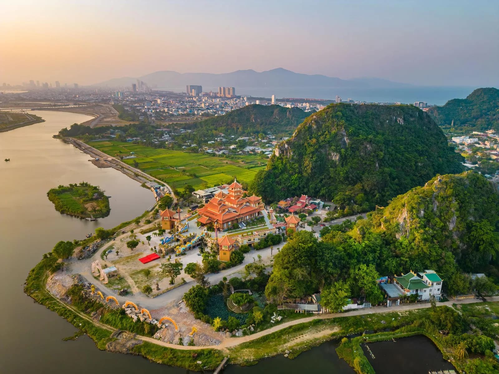 Aerial view of Marble Mountains and pagoda complex