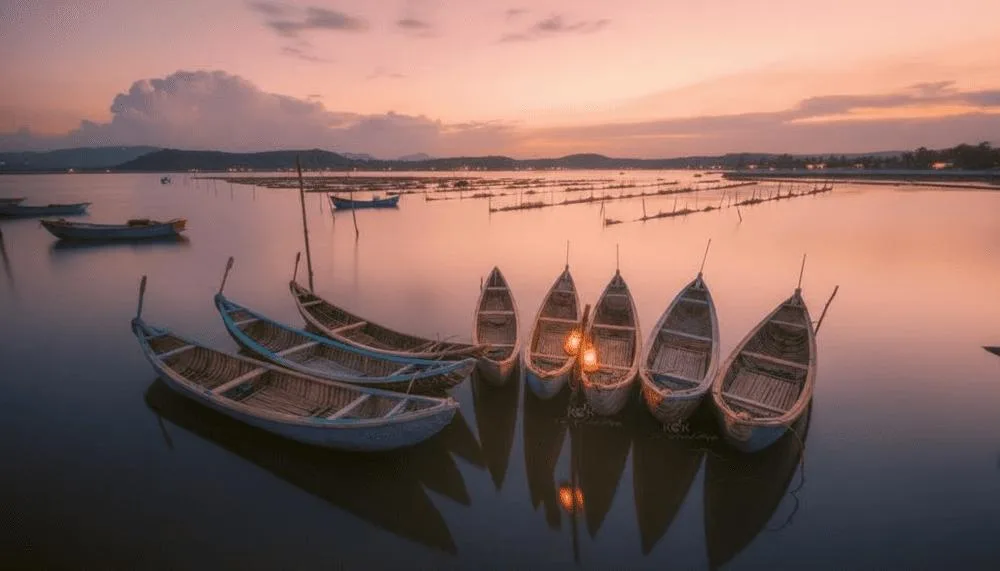 Traditional fishing boats at Lang Co Lagoon at dusk