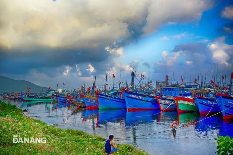 Traditional blue fishing boats at Da Nang harbor